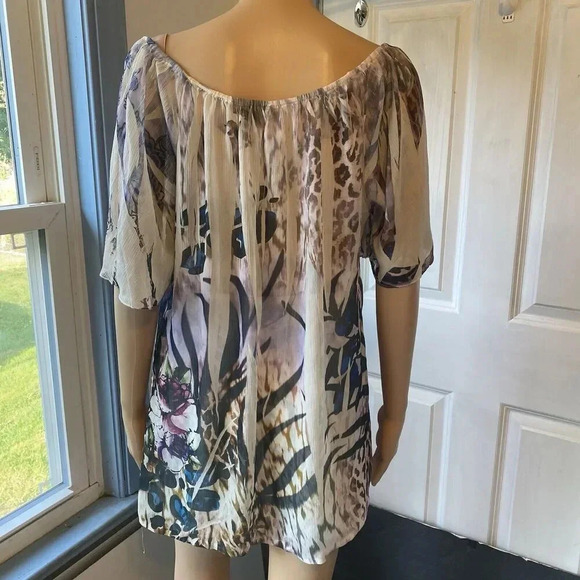 Mushka by Sienna Rose White Sheer Mesh Floral Print Women’s L Blouse EUC Fairly - Picture 7 of 8